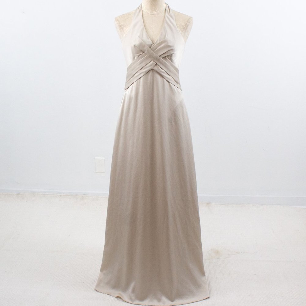 BCBGMaxAzria 4 Satin Halter Formal Gown Champagne Prom Wedding Cream Ivory